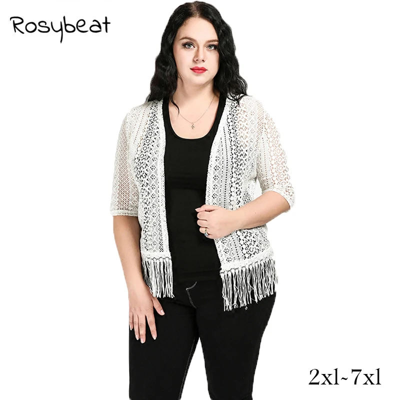 

Large Size Cardigan Women Open Stitch Coat Plus Size xxXL 4XL Tassels White Lace Sun Block Causal Sweet Beach Cardigan Outwear
