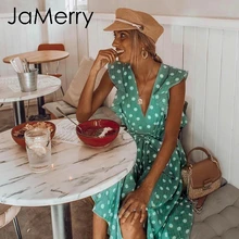 JaMerry Boho, летнее платье миди в горошек, женское богемное платье с оборками и поясом, элегантное весеннее пляжное женское платье