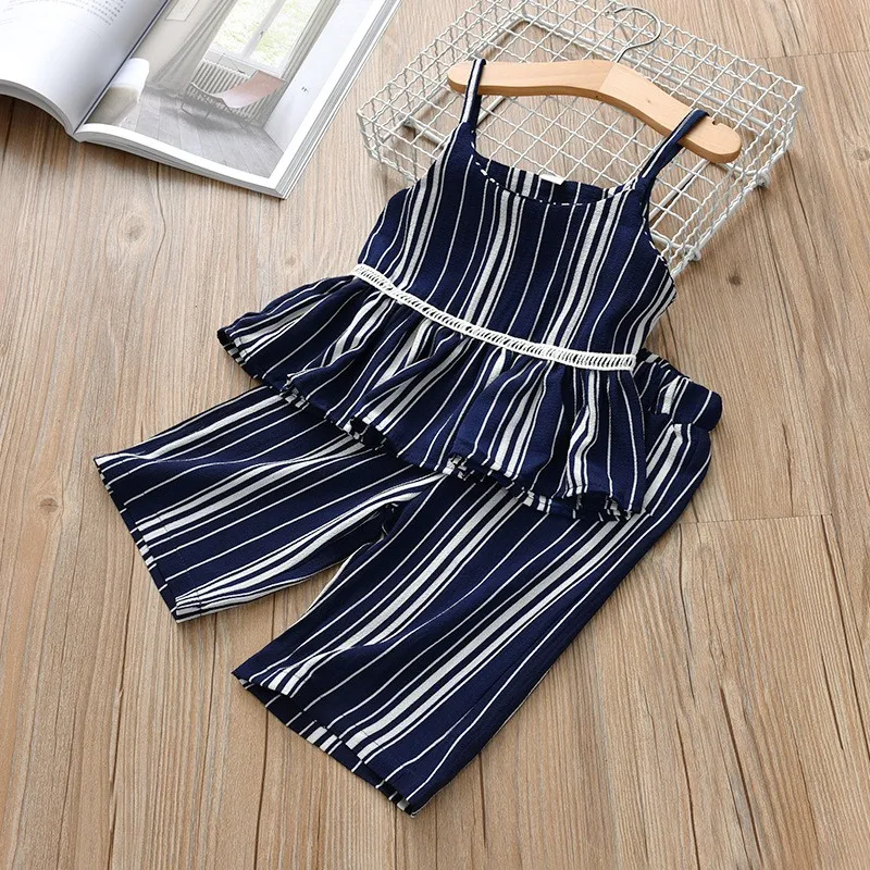 

Baby Girls Sling Striped Print Sleeveless Top+ Chiffon Pants Girls Summer Beach Outfits Clothes Set 2-8Y