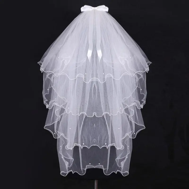 

4 Tier Layered Womens Wedding Veil Imitation Pearl Handmade Beaded Ribbon Bowknot Decor Agaric Wavy Trim Bridal Veil With Comb