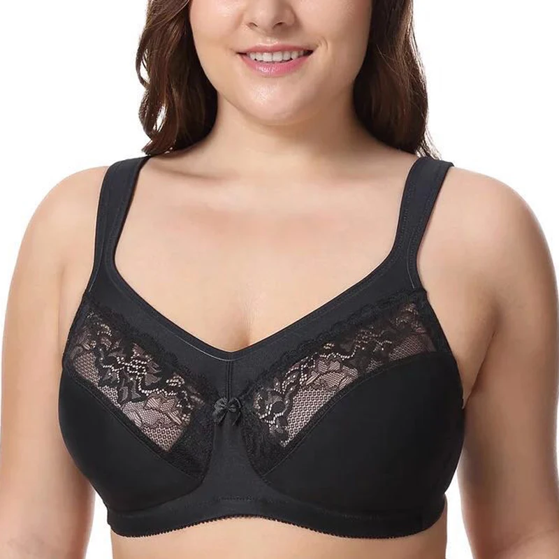 Cena 36 38 40 42 44 46 48 C D DD E F BAICLOTHING duży rozmiar damski rysunek wsparcie pełne pokrycie Wirefree koronki bez podszewki Minimizer biustonosz