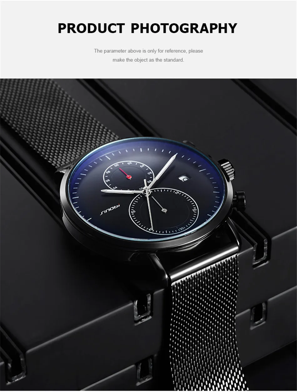 SINOBI Chronograph Quartz Men Watch Luxury Brand Stainless Steel Business Wrist Watches Men Clock Hour Time Relogio Masculino