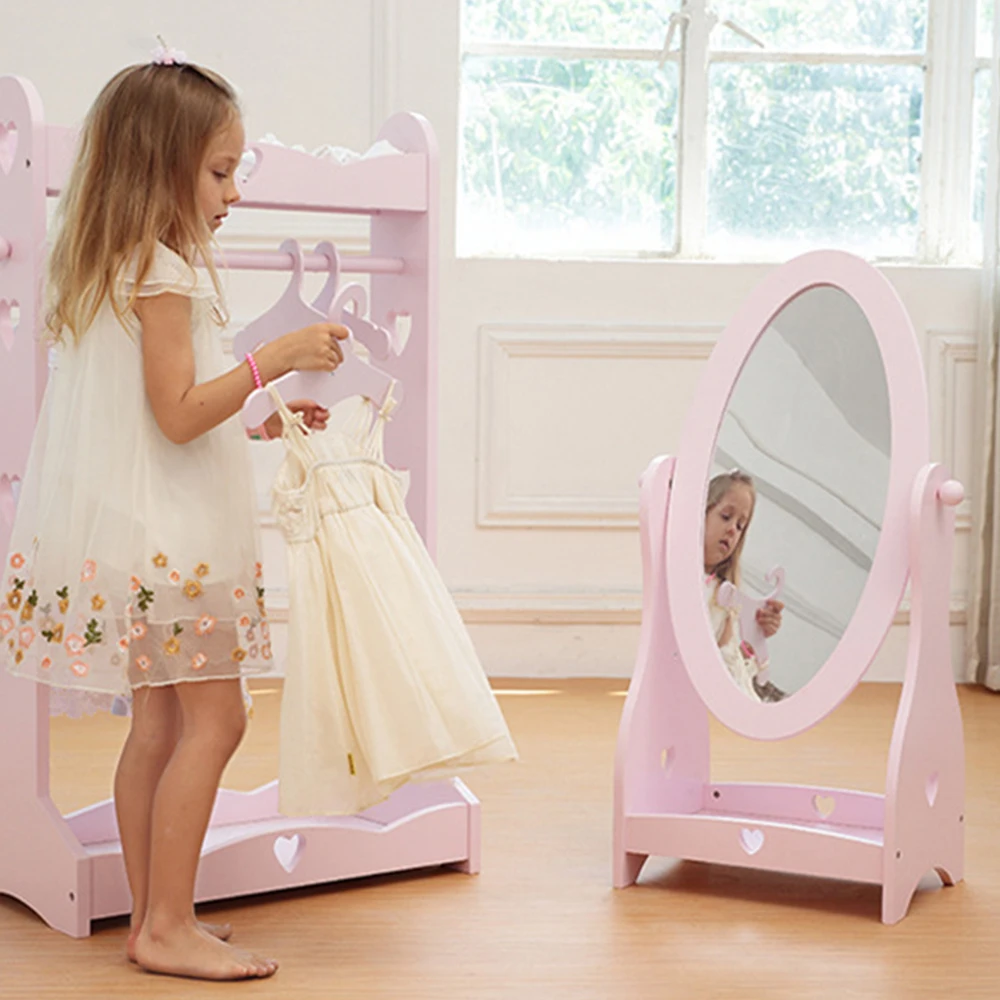 Children Dressing Floor Mirror Solid Wood Frame Cute Princess Children Dressing Floor Mirror Solid
