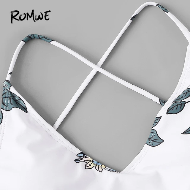 Romwe Спорт белый цветочный купальный костюм Criss Cross спинки одна деталь Купальник для женщин летние каникулы пляжная беспроводной купальный К... 2