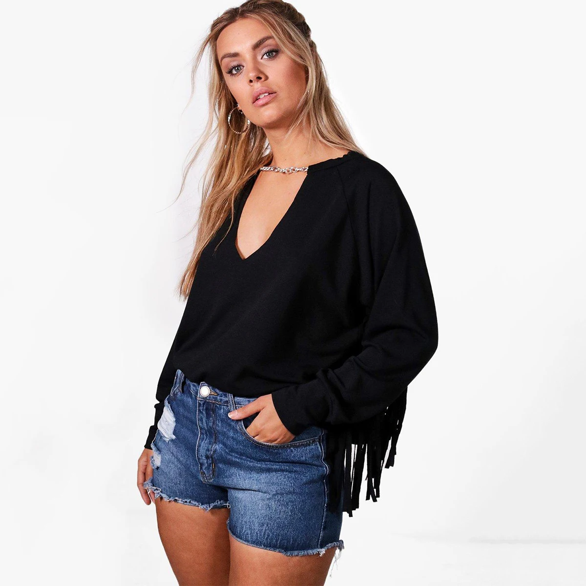 Kissmilk Women Plus Size V Neck Tassel Hollow Out Hoodies Long Sleeve Solid Loose Basic Autumn Tops Big Size Streetwear Hoodies