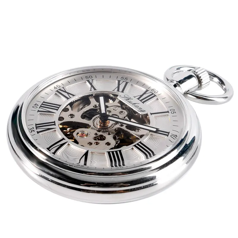 SHUHANG новые механические часы Мужские автоматические карманные часы с автоматическим подзаводом серебряные простые часы с открытым лицом и цепочкой с римским номером
