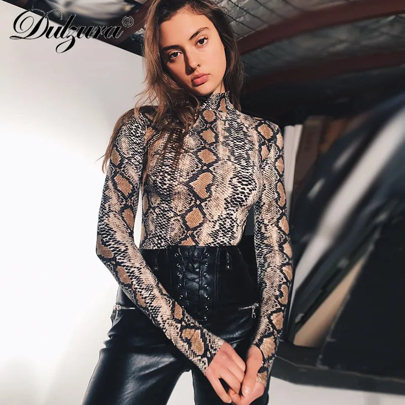 

Dulzura snake print long sheeve high neck bodysuit 2018 autumn winter women sexy stretch snakeskin body suit