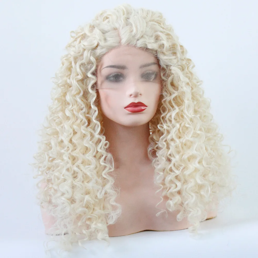 

V'NICE Blonde Wig Front Lace High Temperature Fiber Natural Long Kinky Curly Platinum Blond Middle Part Synthetic Lace Front Wig