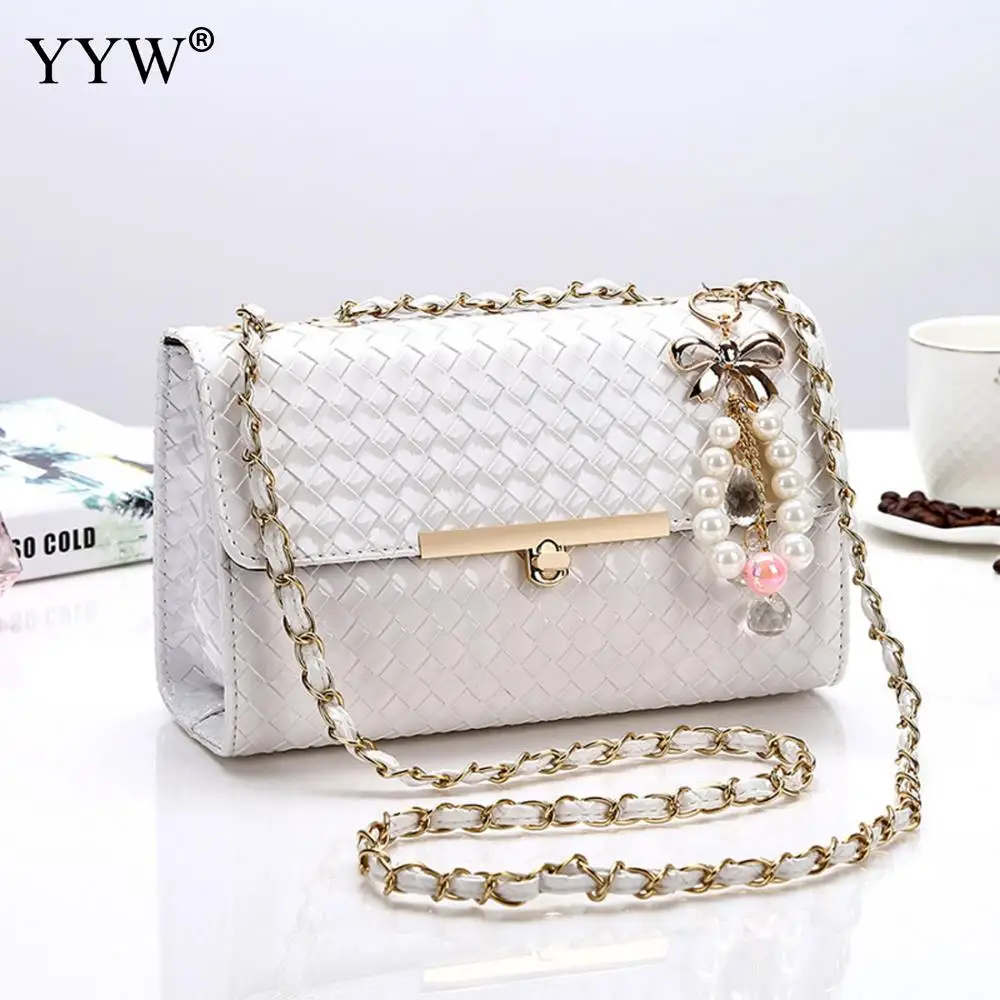 

New Fashion Plaid Women Messenger Bags With Pearl Weave Crossbody Bags Evening Pu Leather Handbags Shoulder Bags Two Size