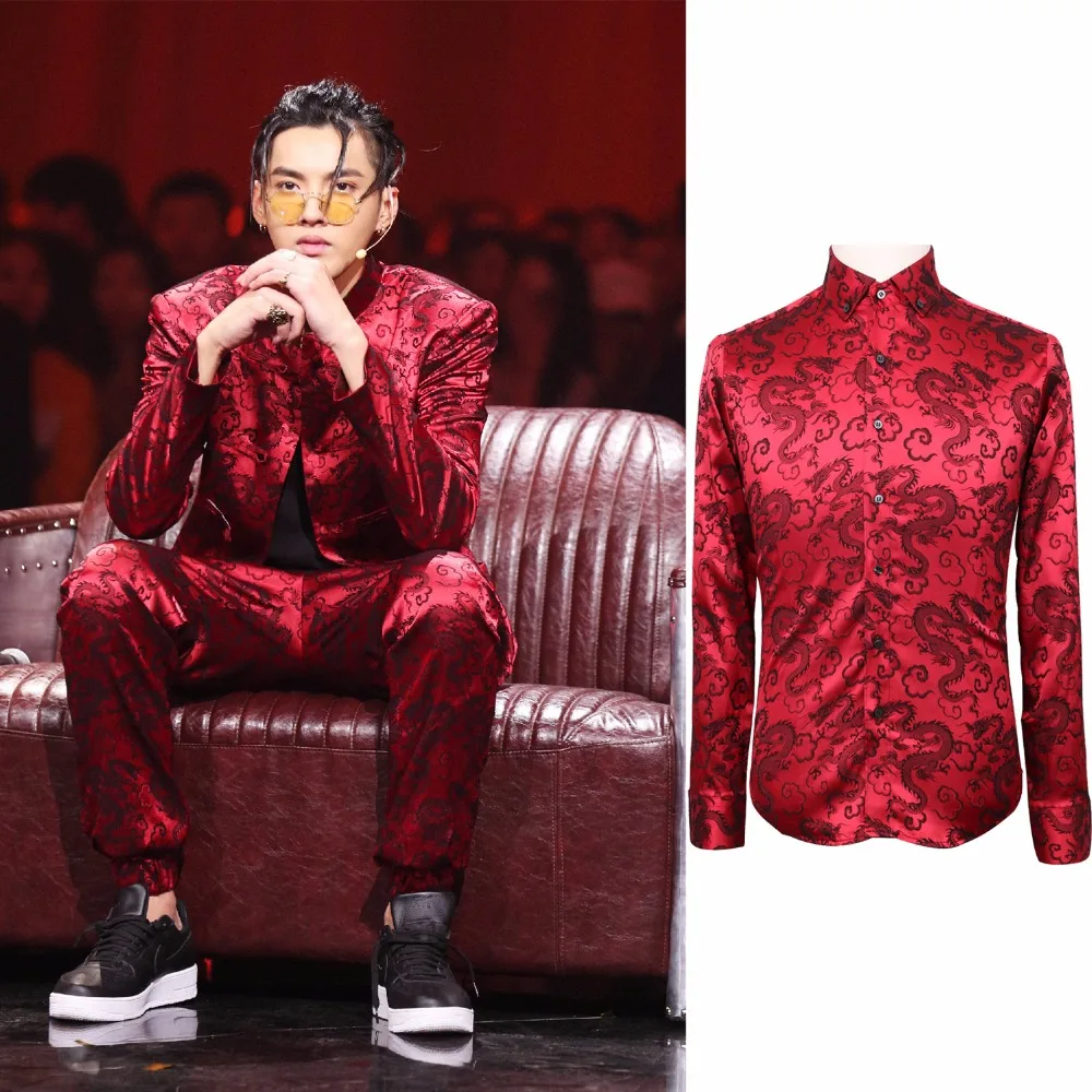 2018 Повседневные принты Для мужчин рубашки красный дракон вышивка Бизнес Slim Fit этап рубашка выпускного вечера вечерние певец этап Для