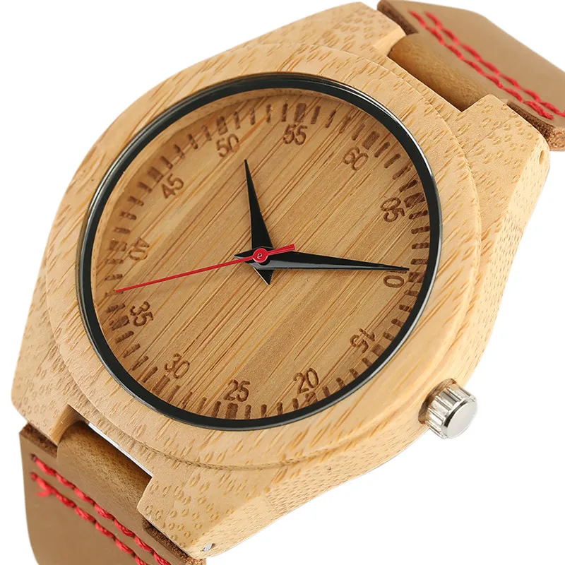 Fashion Mens Bamboo Wood Watch Fashion Casual Gifts Genuine Leather Strap Wrist Watch Wooden Watches Quartz