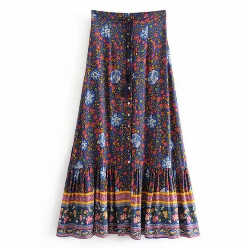 2019 Bohemian Location Floral Print Skirt Beach Holiday Women Stream Bow Elastic High waist Single-breasted Midi Long Skirts