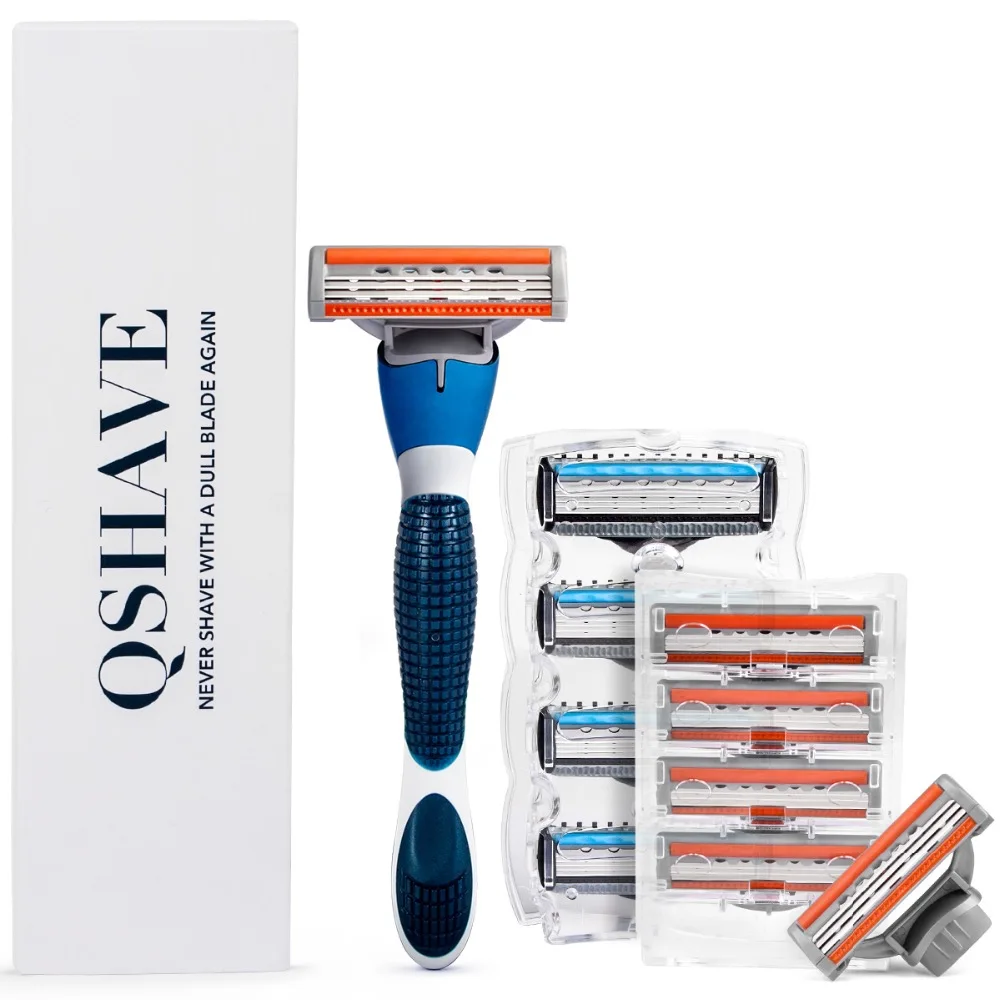 

QShave Galaxy Blue Men Shaving Razor Trimmer Blade System, 10 Cartridges & 1 Handle (5pcs X3 Blade, 5pcs X5 Blade, 1pc Handle)