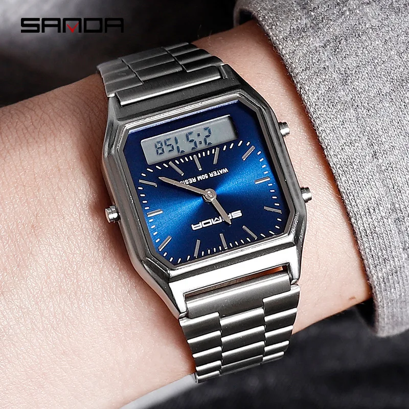 SANDA Top Luxury Men's Watches Men Waterproof Dual Display Quartz Watch Man Stainless Steel Wristwa