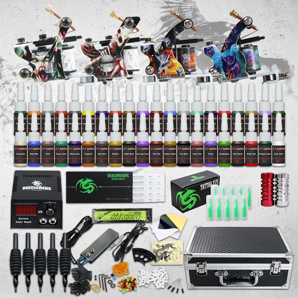 

Beginner Complete Tattoo Kit Supplies 4 Machine Guns 40 color Inks Power supply Needles Grip Tip Set in Box D120GD-16