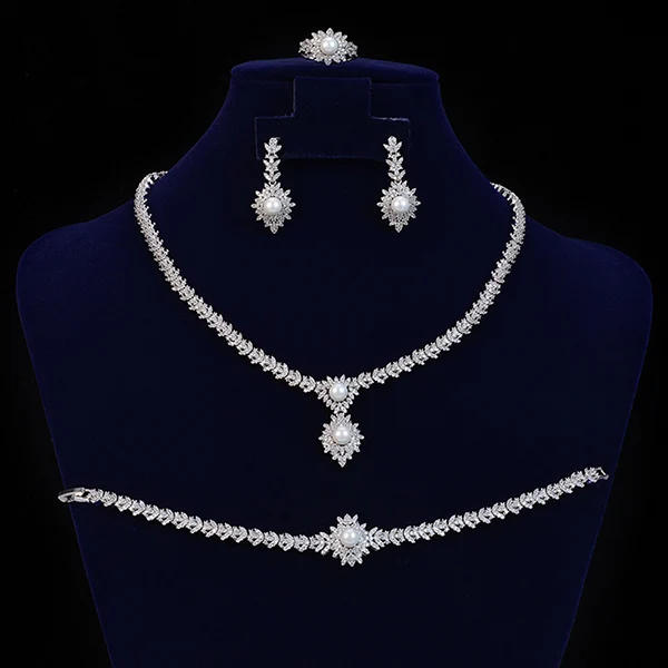 Набор украшений HADIYANA, модное простое роскошное ожерелье, серьги, кольцо, браслет, набор для женщин, вечерние, свадебные, CN1153, аксессуары для женщин - Окраска металла: white gold
