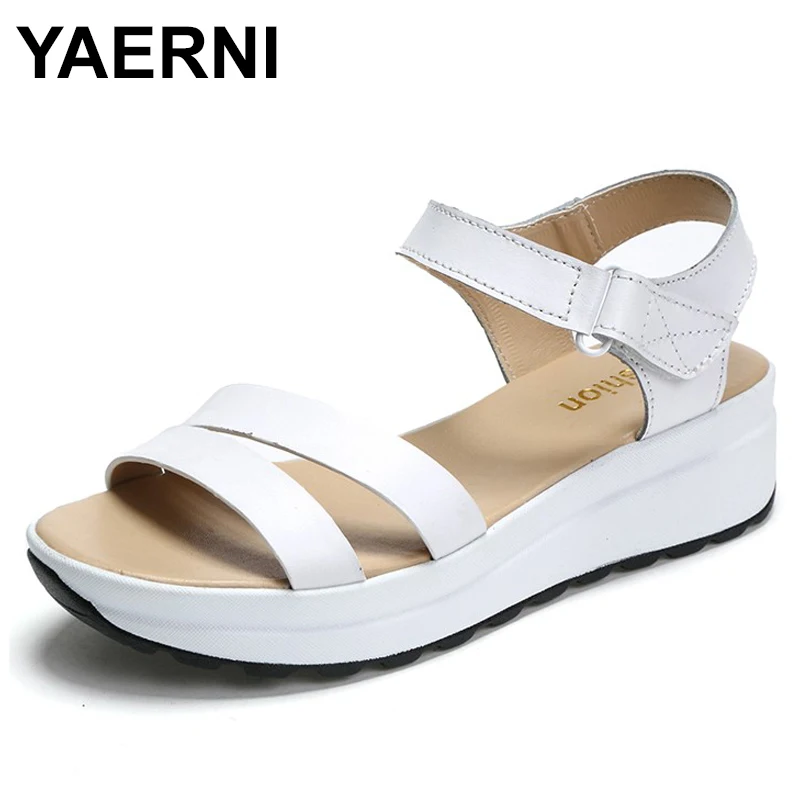 

YAERNI Women Sandals Genuine Leather Sandals Low Wedges Summer Shoes Female Peep Toe Platform Sandals Women Casual Shoes