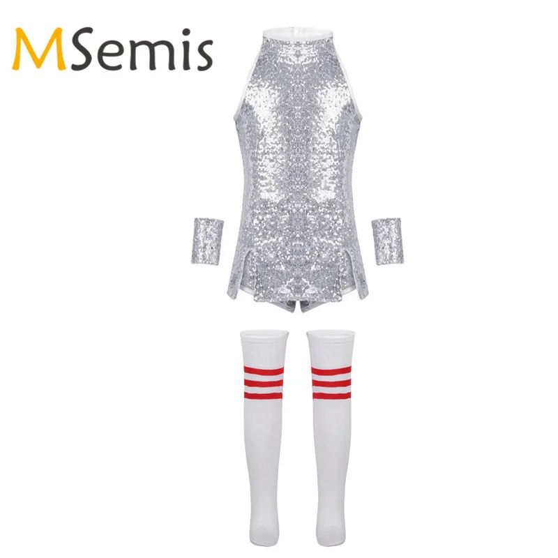 

Gilrs Ballet Socks Sequins Cheerleading Tops with Shorts Set Hip-hop Dance Street Dancing Dress Kids Jazz Performance Costumes