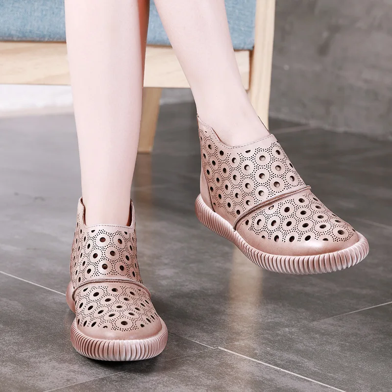 

2019 summer spring women shoes leather platform ankle female shoe round head hollow boots vintage hanndmade