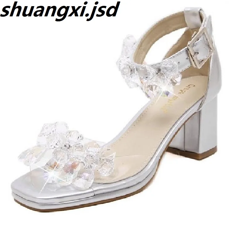 

Women Sandals Zapatos de Mujer Shoes Simple Stylish Open-toed Shoe Fashion Crystal Sequins Word Buckle Rough with Shoes