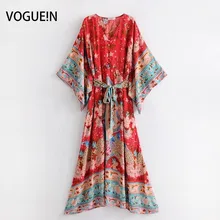 VOGUEIN новые женские винтажные Цветочные павлин печати v-образным вырезом рукав летучая мышь миди платье оптом
