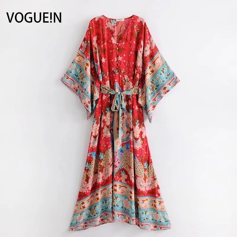 

VOGUEIN New Womens Vintage Floral Peacock Print V-Neck Batwing Sleeve Midi Dress Wholesale