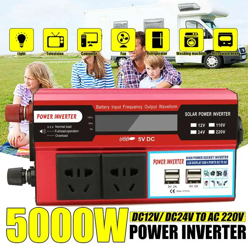 

5000W Watt 4 USB LCD Display DC 12/24V to AC 220V Car Power Inverter Charger Converter Adapter Modified Sine Wave Transformer