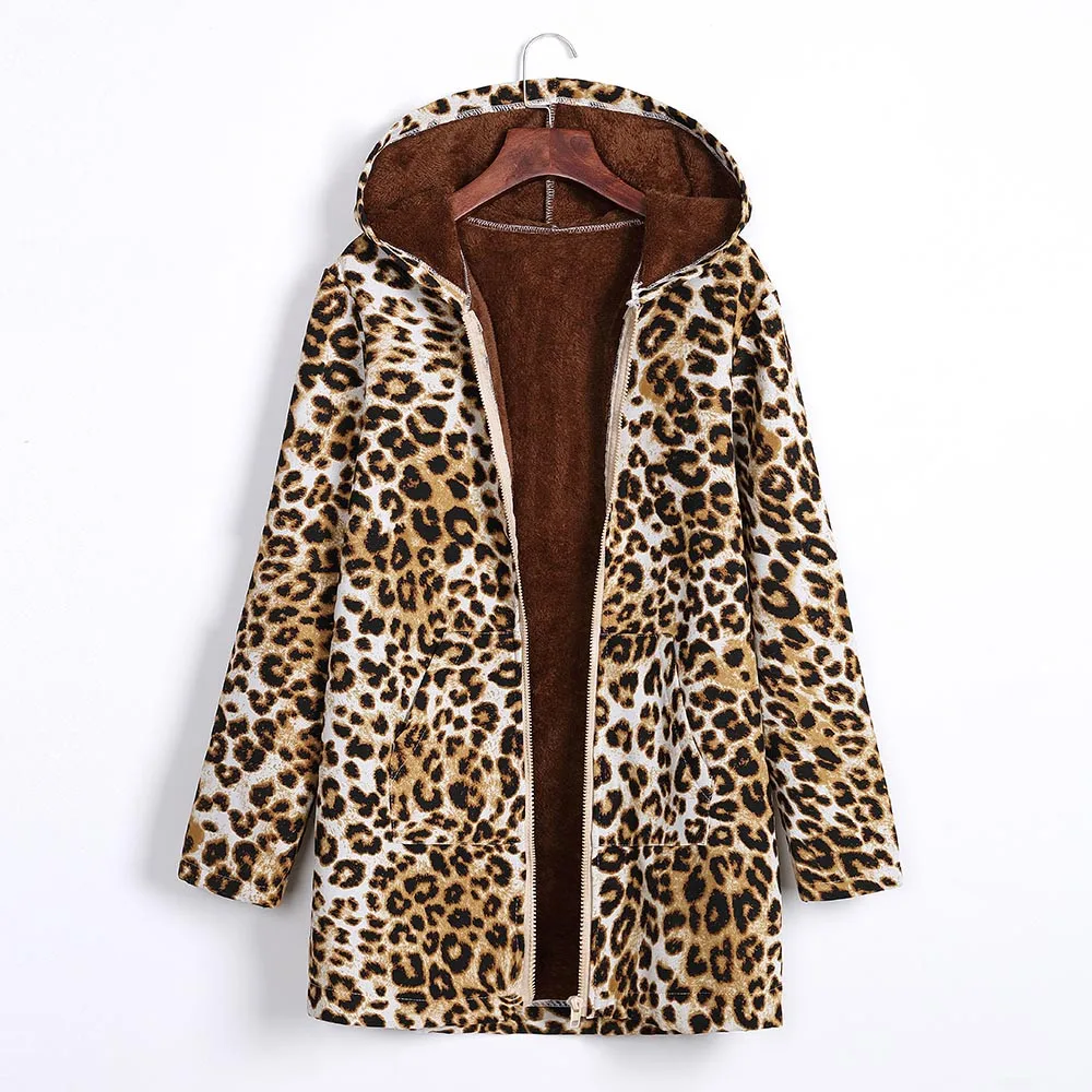 

2018 Winter Women Coat Fashion Leopard Print Hooded Parka Coat with Pockets Vintage Warm Ladies Oversize Coats Outwear