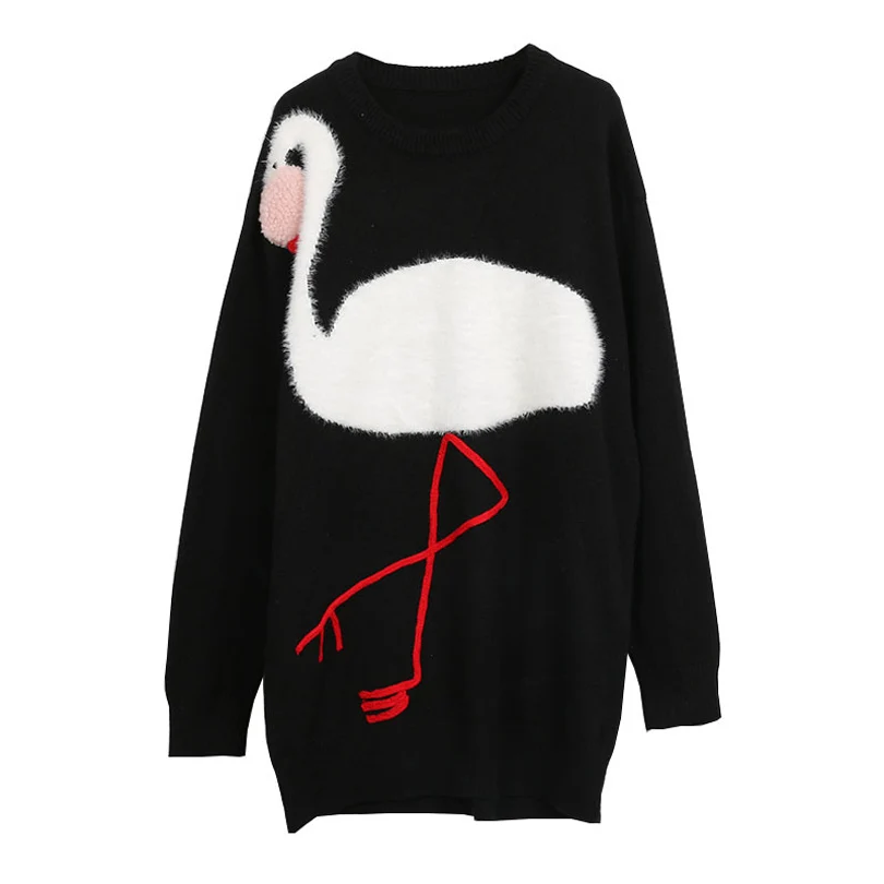 

SPRING New Autumn Luxury Flamingo Embroidery Women Elegant Design Pullover Wool Loose Knitted Dress Runway High Quality Brand