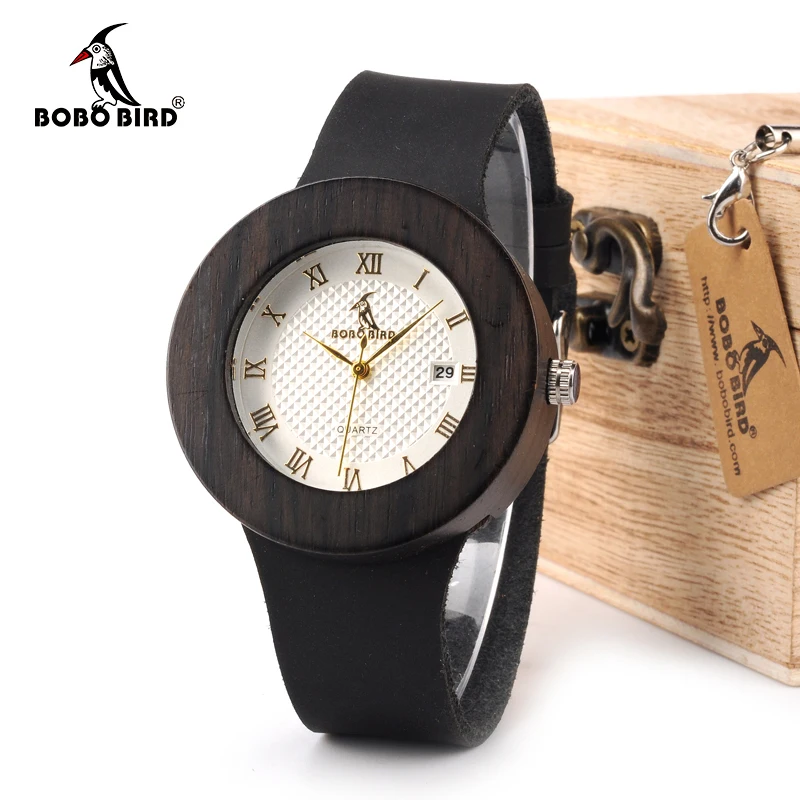 Черные деревянные часы BOBO BIRD WC02C03 с мягким кожаным ремешком и металлическим