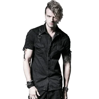 

Gothic Punk Men Denim Shirts Black Short Sleeves Casual Shirt Double Pockets Summer Black Cotton Shirts