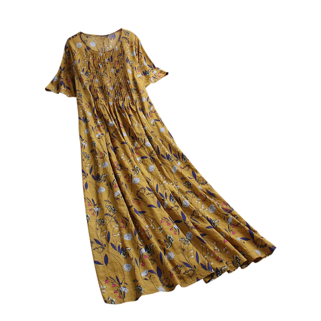 Women Summer Dress Pleated Leaves Floral Print O-Neck Short Sleeve Vintage Maxi Dress Female Fashion Vestidos Plus Size M40