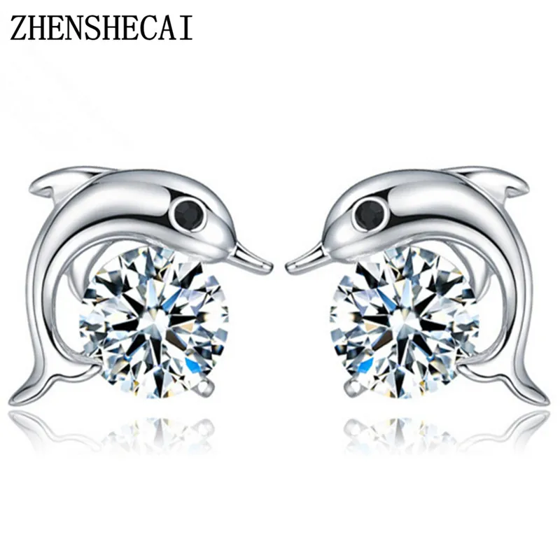 

Fashion small cute earring stud animal whale shape crystal sliver color ear jewelry for women wedding party popular gift e032