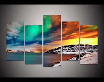 

Free shipping 5 panel large printed painting aurora landscape canvas print art home decor wall art picture for living room