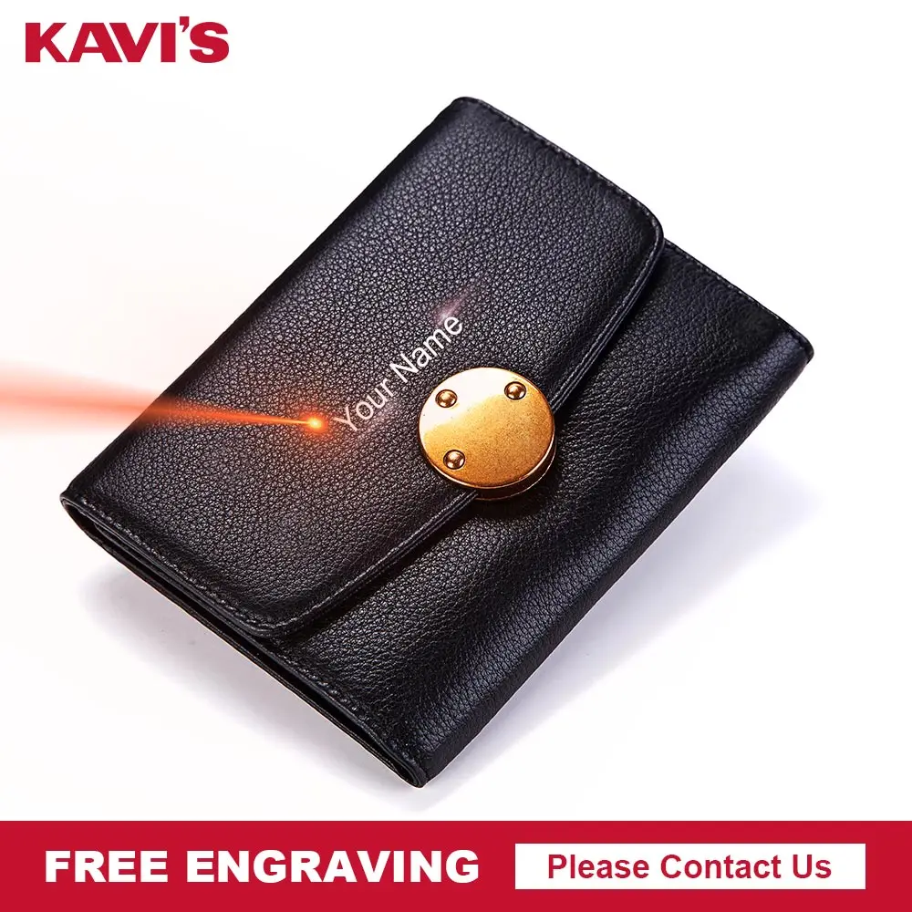 

KAVIS Free Engrave Genuine Leather Women Wallet Female Small Coin Purse Black Walet PORTFOLIO Portomonee For Lady Card Holder