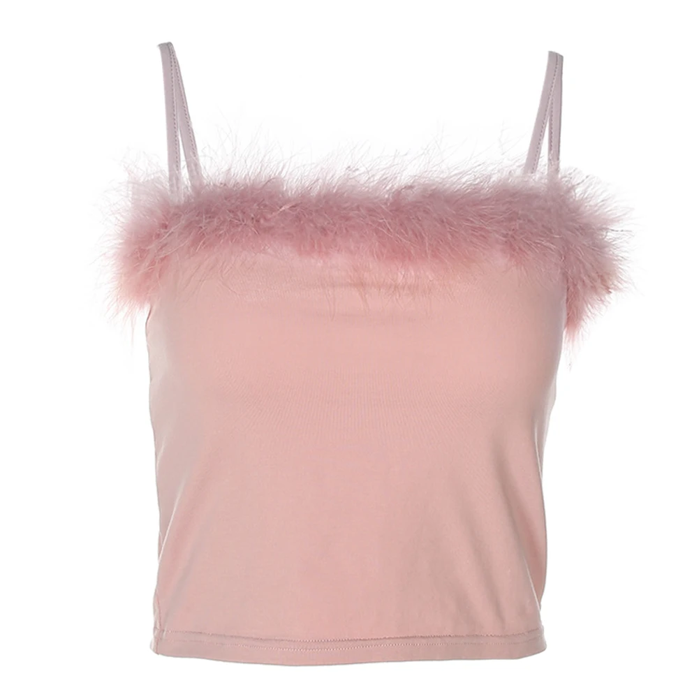 

Slim Fit Faux Fur Sleeveless Summer Solid Camisole Beach Fashion Women Crop Top Sexy Backless Cute Strap Tank Sling Stretchable