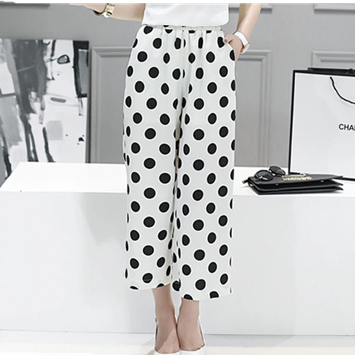 white and black polka dot pants