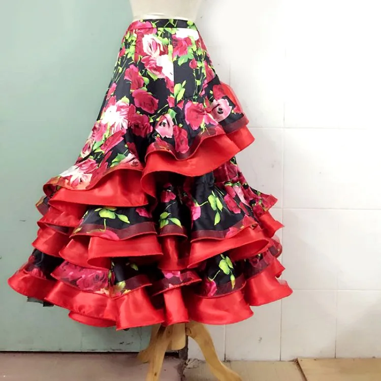 Юбки для бальных танцев, Женская юбка с принтом фламенко, одежда для современных танцев, бальных танцев, практичная одежда на заказ DN1370 - Цвет: Red