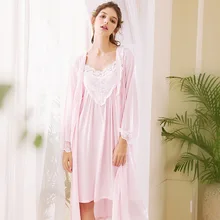 Autumn Soft Modal Sleepwear Women's 2 Pieces Robe Sets Vintage Princess Long Nightgowns Elegant Female Sexy Sleep Dress