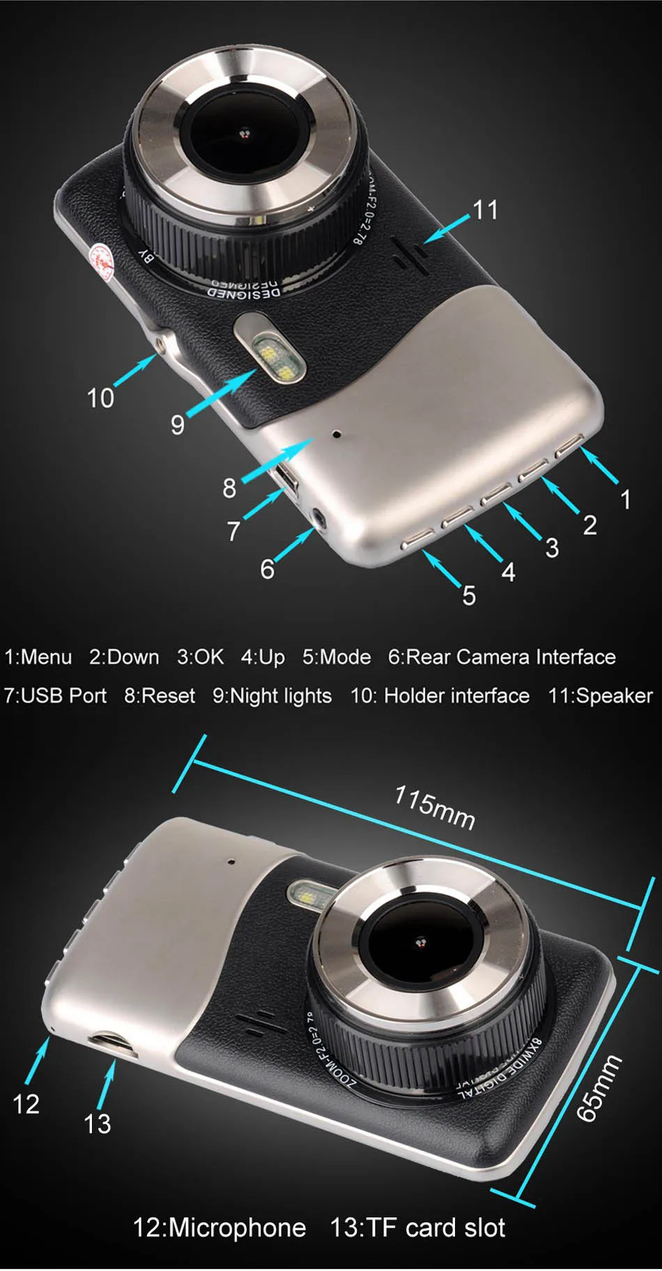 Mini Car DVR H801B With Rear View Camera Dual Lens Dash Cam 4 Inch Full HD 1080P+720P WDR Video Recorder Portable Camcorders-11