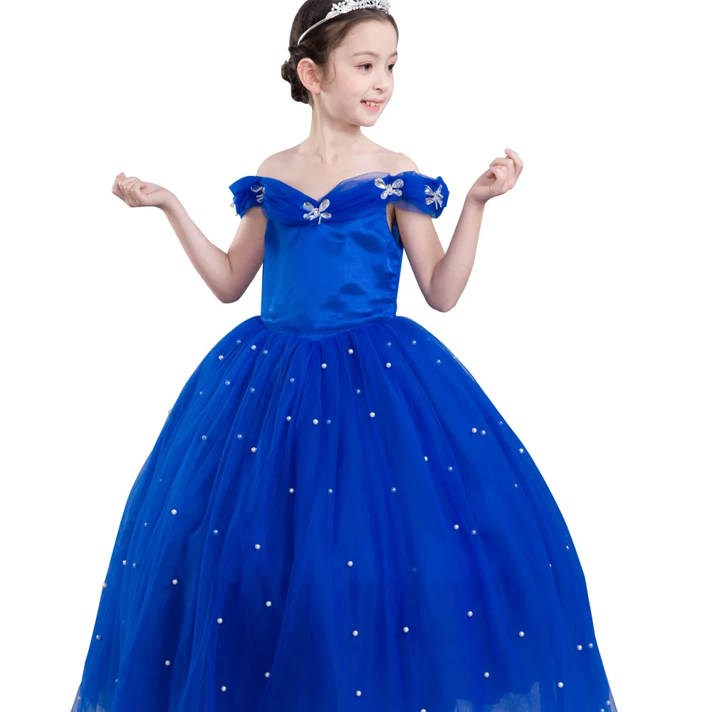 dress Г. Летнее платье принцессы Золушки бальное платье для маленьких девочек, вечерние платья Одежда для детей, голубое длинное платье принцессы с жемчугом, свадебное платье - Цвет: dress