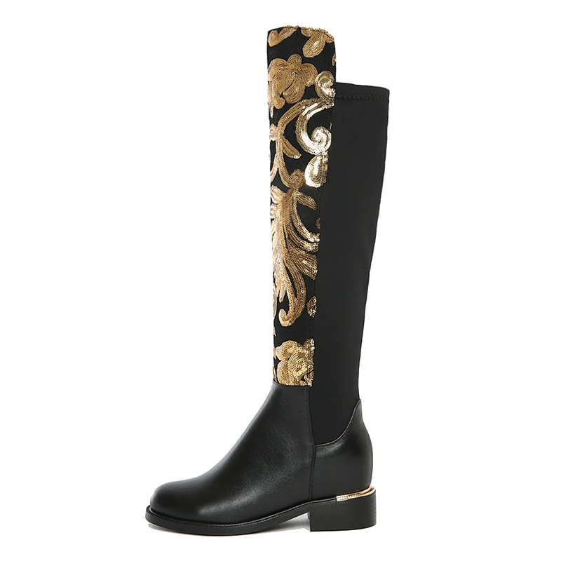En Chaussures Tendance Hauteur Noir Cr346 Enmayer Sexy Femme Hiver Femmes Hautes Stretch Black Croissante Bottes Tissu Cuir Véritable Wa470ZE4O