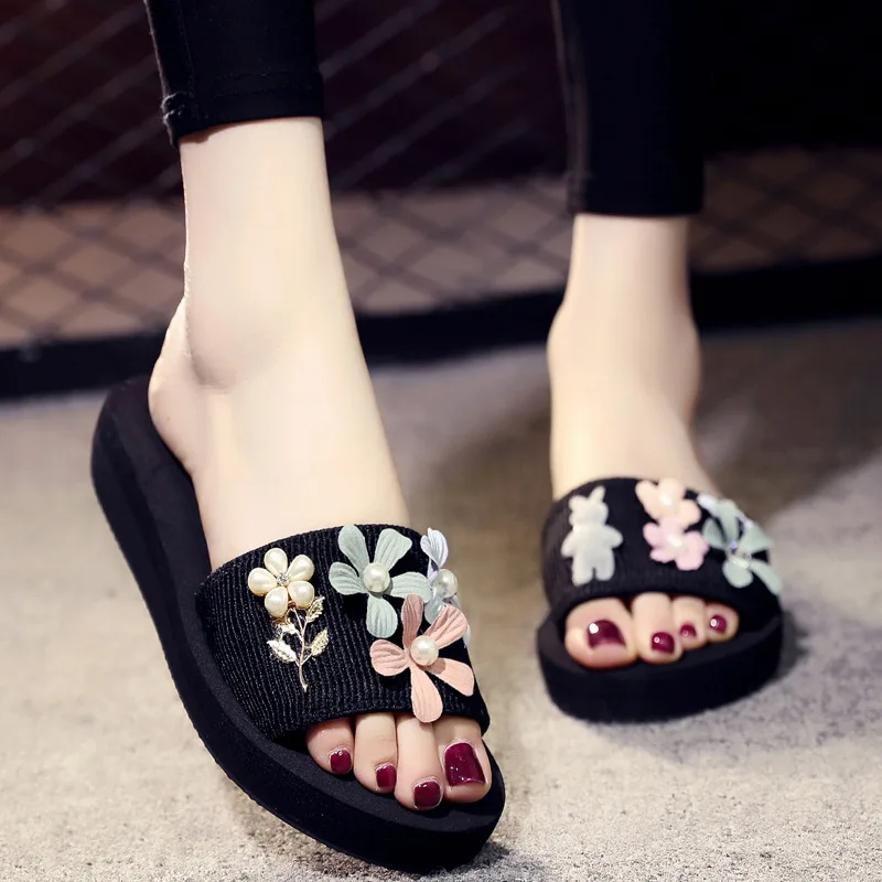 

Summer Handmade Pearl Flowers Non-slip Flat Sandals and Slippers Fashion Holiday Travel Beach Shoes Women Outside
