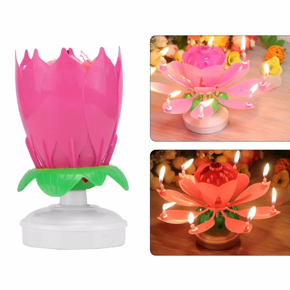 

Birthday Candle Romanticdecoration Music Candle Musical Lotus Flower Bougie Anniversaire Pink Double rotation of singing