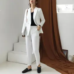 Женские офисные белые брюки костюмы для женщин двубортное пальто куртка и штаны с высокой талией 2019 женский спецодежды комплект из 2