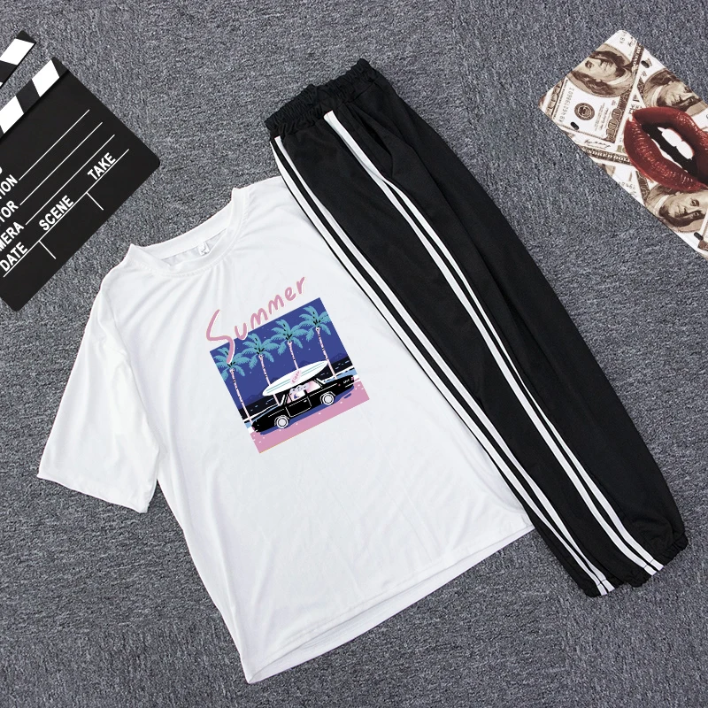 

Harajuku Oversize Tracksuit Cartoon Print Short Sleeve T-Shirts Korean Style Women Loose Summer Female Casual 2 PC Sport Suit