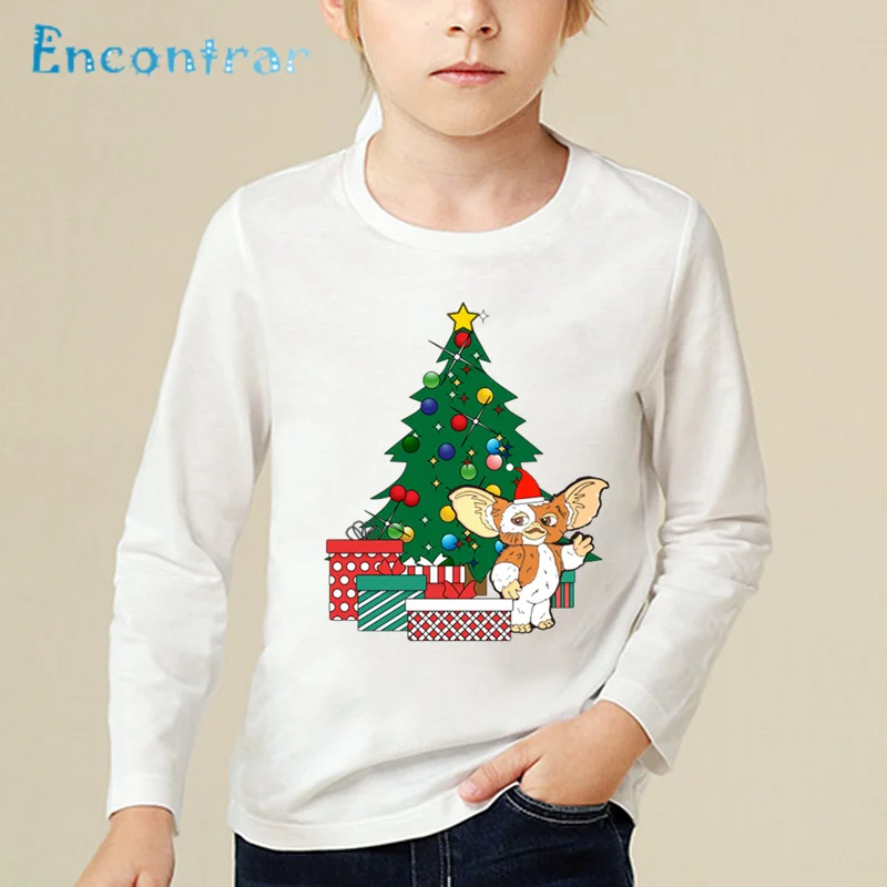 Детская футболка с изображением новогодней елки, Gizmo, детская забавная одежда, футболка с длинным рукавом с героями мультфильмов для маленьких мальчиков и девочек, LKP5523