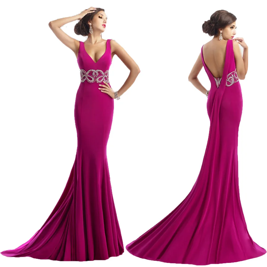 Sexy V Neck Beading Fuchsia Mermaid Evening Dressses Long Evening Dress Backless Sleeveless Women Formal Gowns Prom Dress 2017