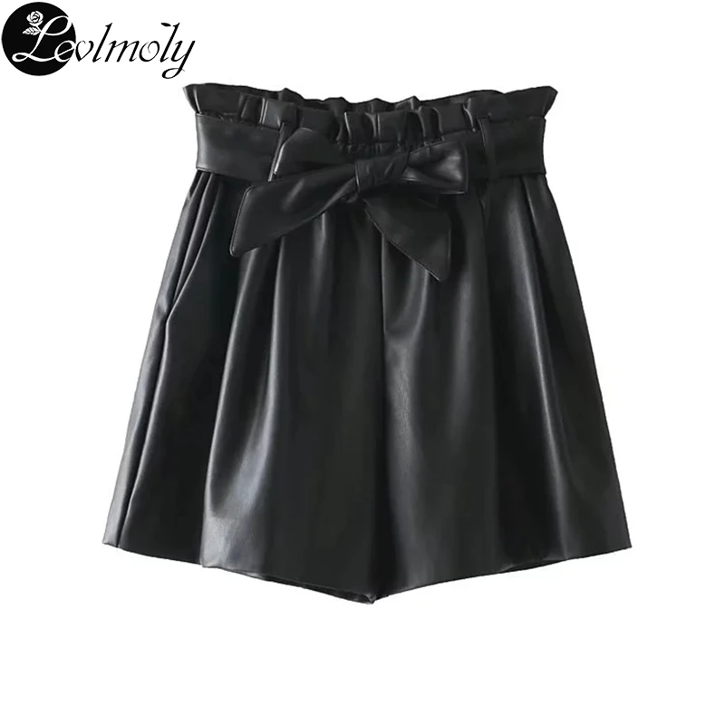 Levlmoly 2017 Women Black Faux Leather Shorts Casual