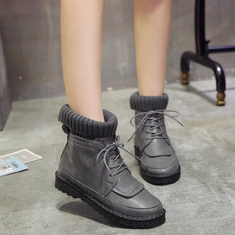 COOTELILI Women Boots Ankle Boots 2018 Winter Shoes Lace-Up Knitted Flat Shoes Rubber Boots Women Leather Shoes 3cm Heel  (3)